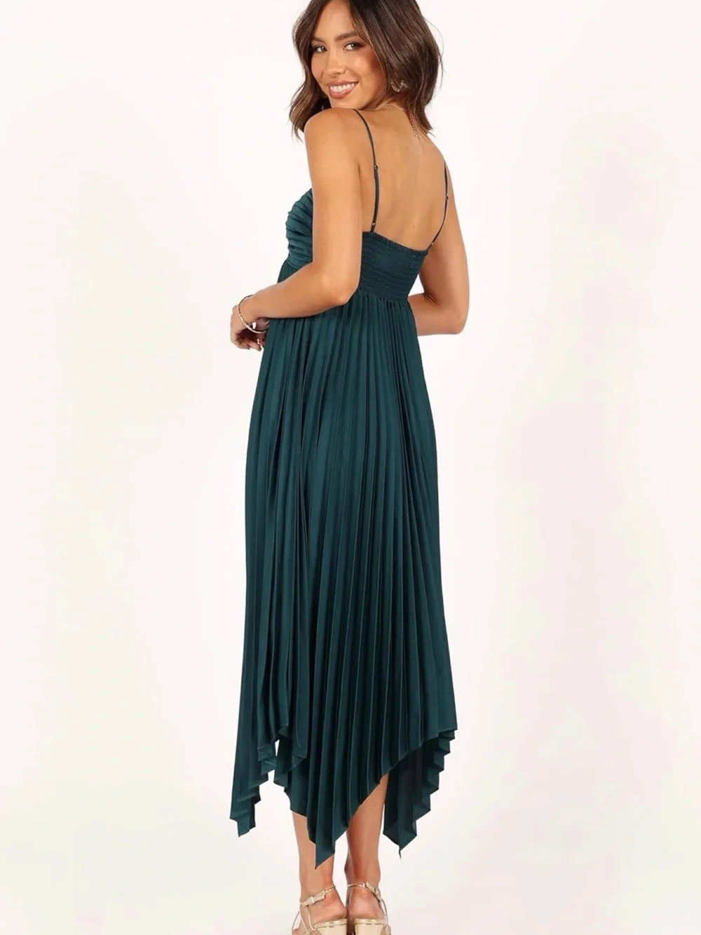 NWT Petal & Pup Vikki Emerald Green Pleated High-Low Slip Dress Size 8 - Picture 10 of 16